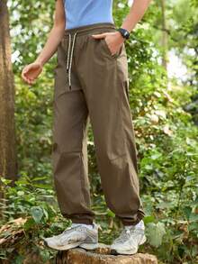 SHEIN In My Nature Women's Solid Color Elastic Waist Drawstring Pocket Loose Outdoor Sweatpants & Joggers - Brown - View 2