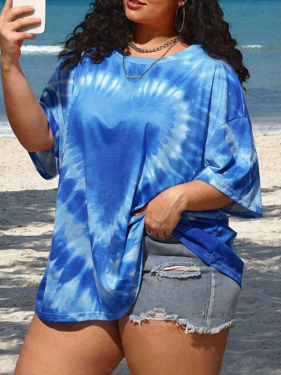 SHEIN CURVE+ 大码女式夏季沙滩度假扎染爱心印花宽松T恤 - 淺藍色 - 查看 1