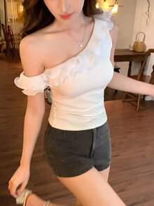 DAZY Áo thun ngắn tay nữ thiết kế bèo nhún vai, kiểu dáng ngọt ngào và cá tính. - trắng - Xem 5