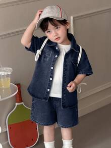 DAZY 2pcs Toddler Boys' Summer Casual Denim Shirt With Collar & Shorts Set - Royal Blue - View 4