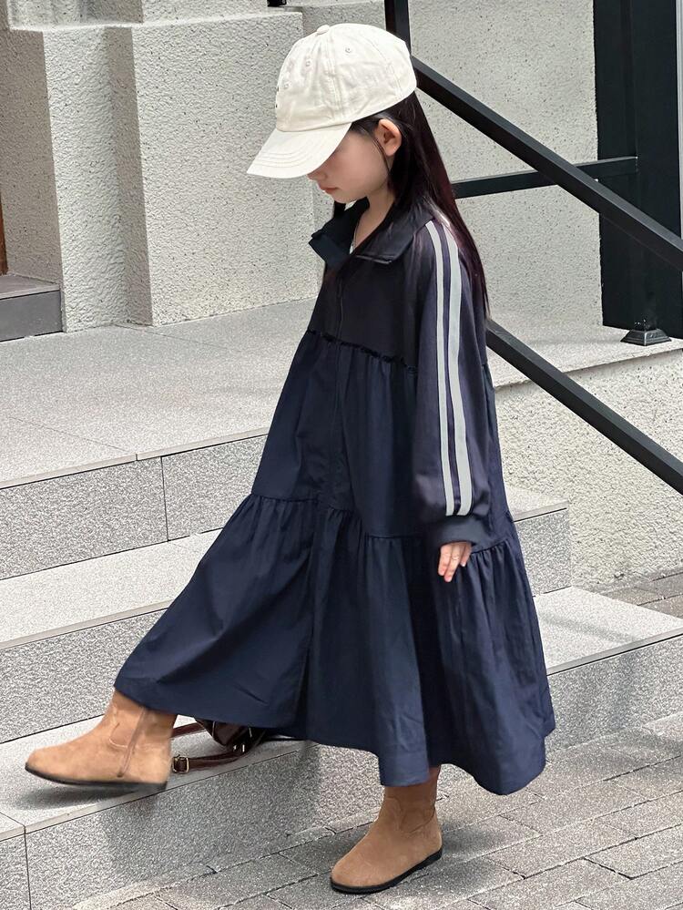 Young Girls Side Stripe Decor Mid-Length Korean Style Casual Dress Fall,Winter