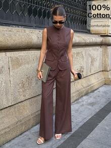 Siren Gaze Damen 3-teiliges Set, mit besticktem Dreieckstuch, ärmellosem Knopfoberteil und weiter Hose, 2-teiliges bequemes Outfit, 3-teiliges Set mit ärmellosem Top und weiter Hose für Damen in Braun, 3-teiliges Set mit weiter Hose für Damen, Hosen- und Oberteil-Set, lässiges 3-teiliges Set - Braun - Übersicht 7
