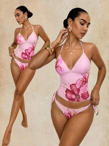 Swim Glamine 2 piezas Conjunto de bikini con estampado floral y cuadros amarillos, traje de baño casual para vacaciones y fiestas en la playa, primavera/verano - Rosa Pálido - Ver 1