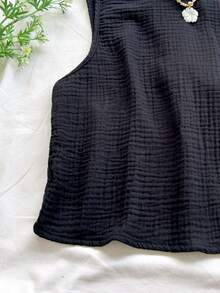 SHEIN WYWH 女士度假休闲宽松露背系带纹理面料A字吊带背心，弹性腰带休闲短裤带口袋，沙滩和海边 - 黑色 - 查看 6