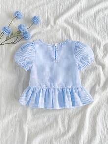 SHEIN Blus Bayi Perempuan dengan Tekstur Kain Bunga yang Unik, Gaya Liburan Pedesaan, Lucu & Modis, Nyaman untuk Musim Semi/Panas, Dekorasi Pita - Biru - View 2