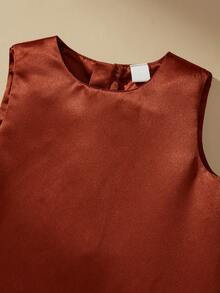 SHEIN Young Girl Plain Round Neck Ruffle Hem Casual Vacation Everyday Dress - Mocha Brown - View 4