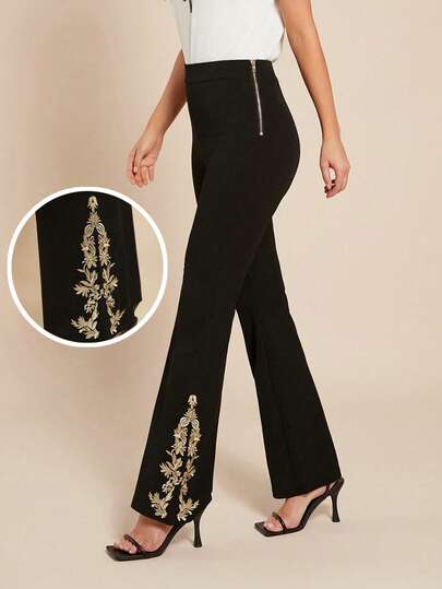 Amorya 女士优雅喇叭下摆蕾丝边针织黑色裤子，百搭