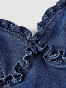 Sweetra 女士时尚休闲百搭性感吊带修身荷叶边牛仔连衣裙 - 中等水洗藍 - 查看 3