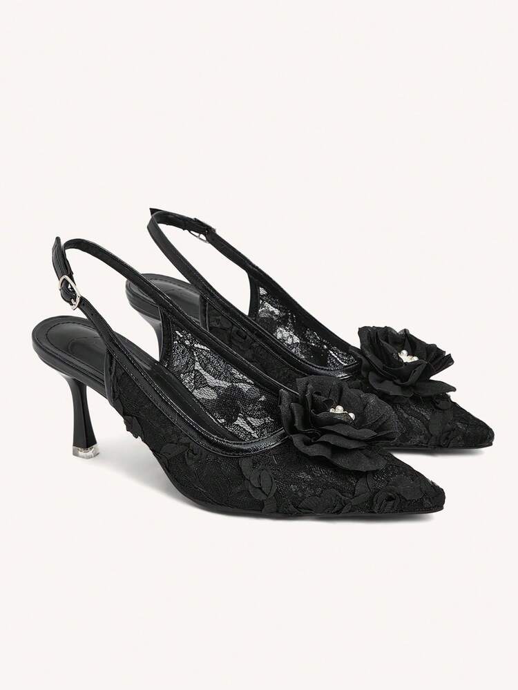 CUCCOO HITCHD Women's Pointed Toe Floral Mesh Embellished Pumps, Suitable For Daily Wear, Office, Wedding, Commute Wedding Shoes Spring Shoes Bride Shoes
