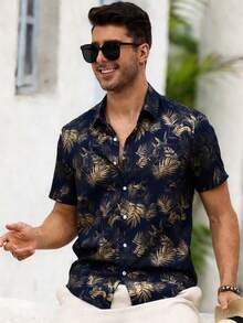Manfinity RSRT Men's Summer Beach Vacation Tropical Print Short Sleeve Shirt - Navy Blue - View 6