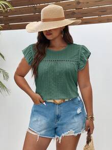 SHEIN Frenchy Áo thun cổ tròn dáng rộng, tối giản, khoét lỗ, thêu họa tiết, viền bèo nhún, cỡ lớn, mùa hè. - màu xanh lá - Xem 7