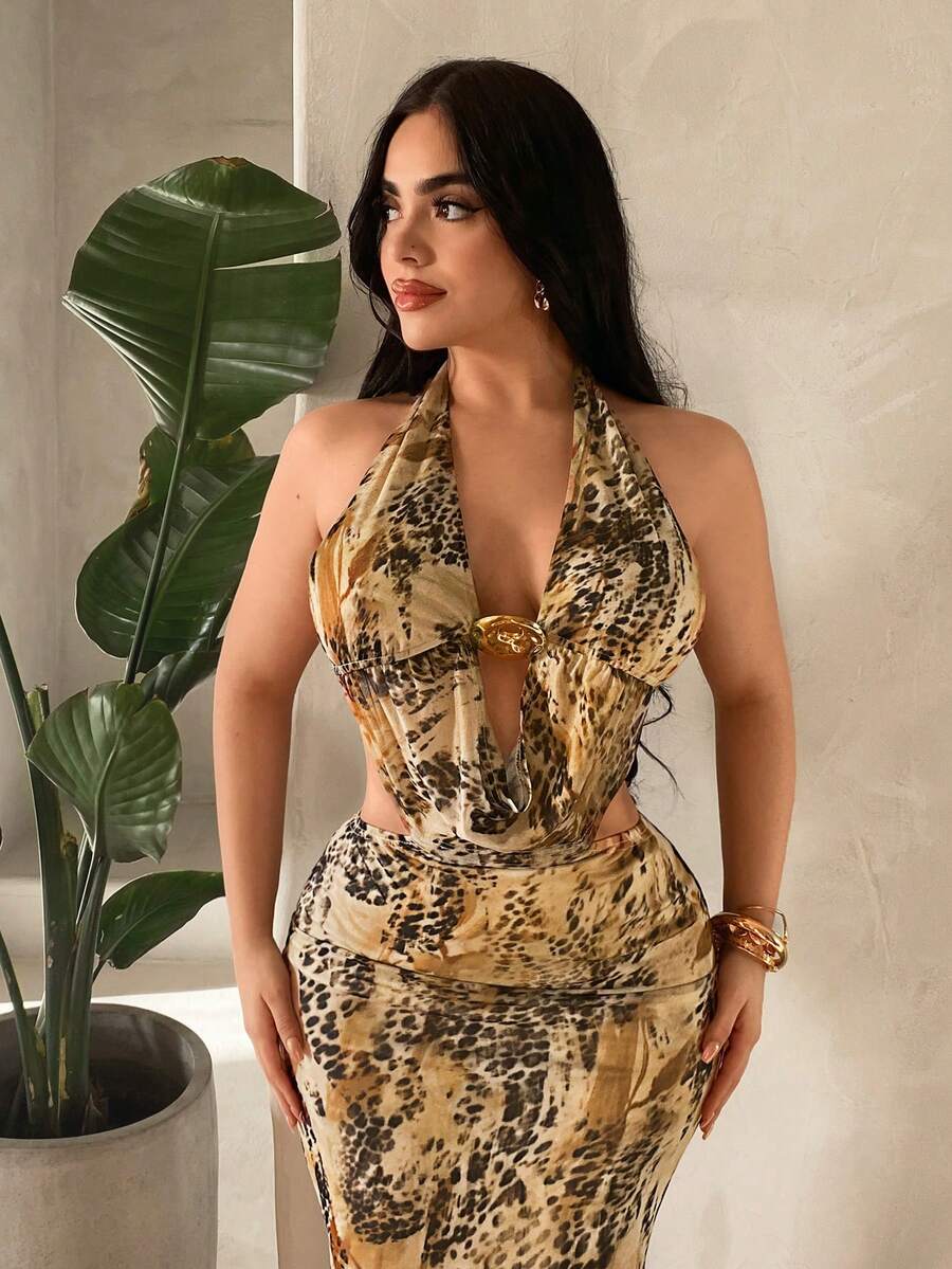 SHEIN SXY Leopard Print Backless Decorative Metal Halter Dress Sexy Maxi Dress Snake Dress Summer Sexy Dress Tiger Print Dress Open Back Dress Sexy Vacation Dress Halter Neck Dress Snake Print Dress Cut-Out Dress Leopard Print Dress - Multicolor - View 1