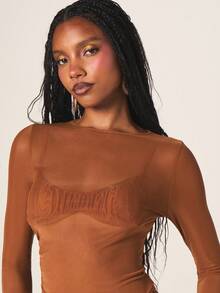 MISSGUIDED Long Sleeve Ribbed Bust Detail Crop Top With Fringe Decorative Elements And Body Hugging Fit For Layering - Brown - View 4