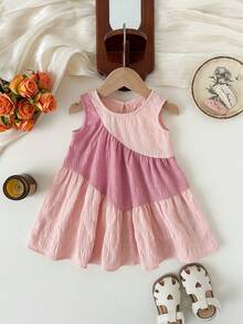 SHEIN Vestido Rosa de Retalhos em 3 Camadas para Bebês Meninas, Saia de Bolo com Bainha Franzida Contrastante, Vestido Casual de Princesa Fofo e da Moda - Multicolorido - Visão 6