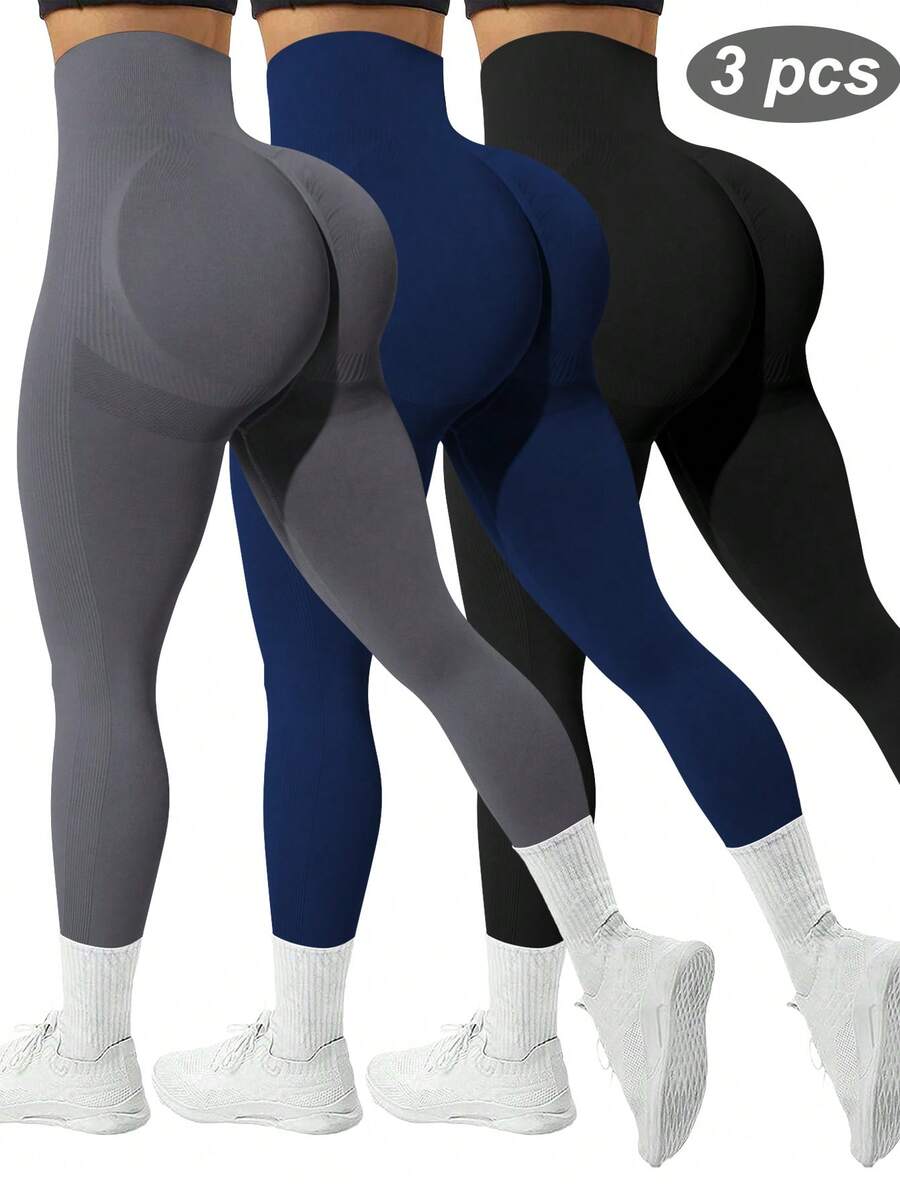 SHEIN Velisys 女士纯色高腰无缝弹力运动紧身裤 - 彩色 - 查看 1