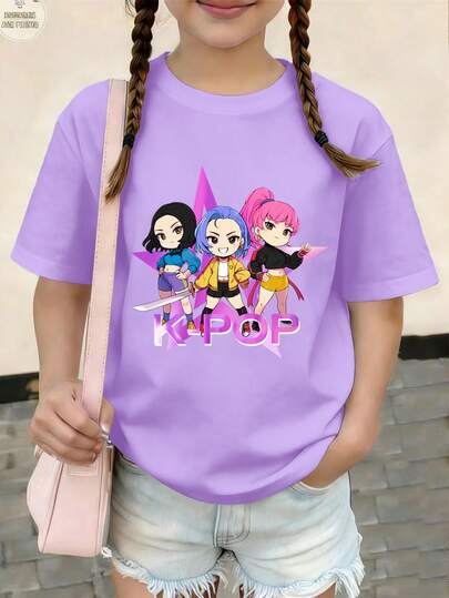Young Girl's Casual Stylish Short Sleeve T-Shirt, Featuring Cartoon Character Graphic Design, Comfortable And Suitable For Spring/Summer Wear, Ideal For Casual Outings, Back To School, Parties, Outdoor Activities, Gifts