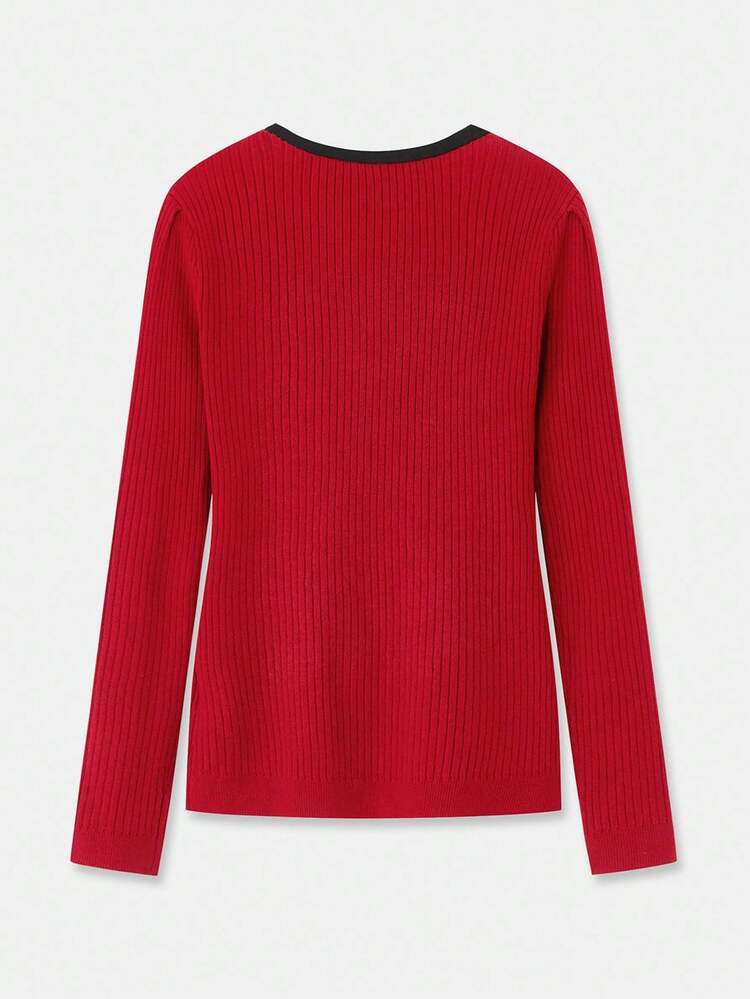 Red Long Sleeve Slim Fit Ribbed Knit Sweater With Contrast Black Trim And Front Tie Bow Office Elegant Sweater New Year