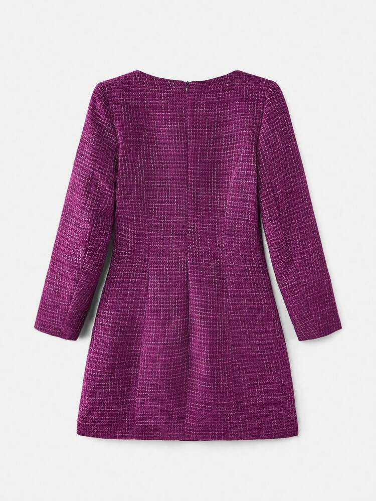 Purple Tweed Long Sleeve Mini Dress With Square Neckline And Double Breasted Button Detail Chic Autumn Winter