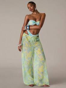 SHEIN BAE 女士简约印花休闲泳衣罩衫 - 淺藍色 - 查看 3