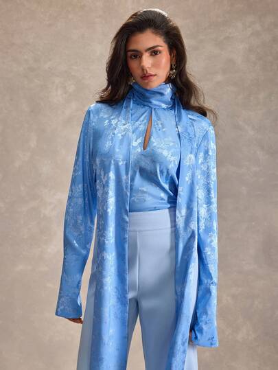 CLARA VERO Women's Ribbon Collar Long Sleeve Jacquard Shirt And Wide Leg Pants 2 Pieces Set