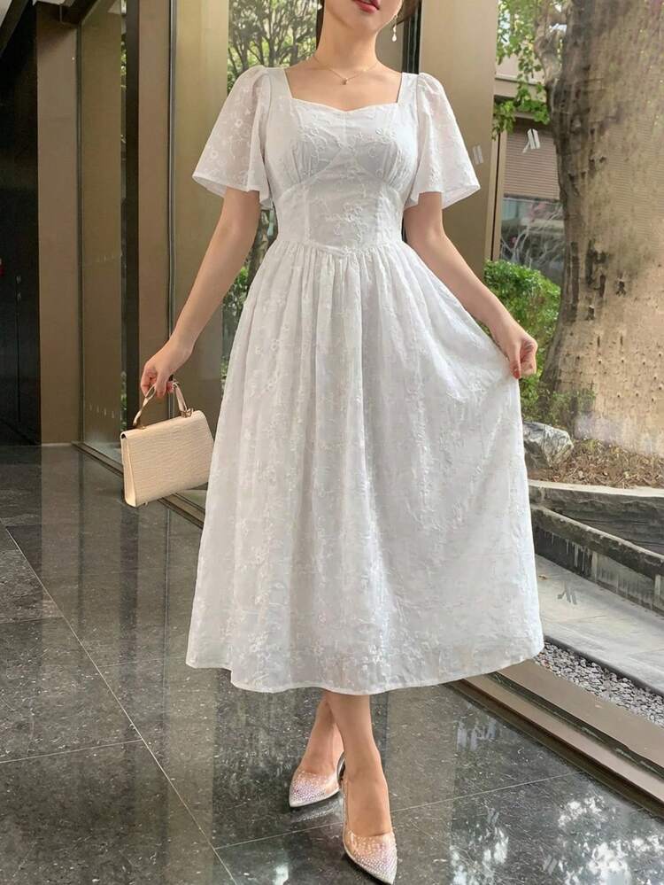 French Niche Design Lace Hollow Square Collar Dress, Slimming Elegant Lady Long Dress,Wedding Guest Dress Women Maxi Dress Sundress