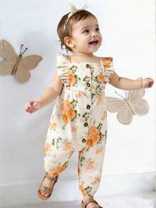 SHEIN Playful Pals Pelele sin mangas con cuello cuadrado, volantes y estampado floral para bebés y niñas pequeñas, adecuado para salidas de primavera/verano, vacaciones y uso diario - Amarillo - Ver 1