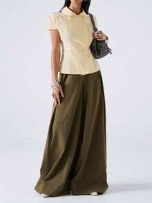 LYSMO Áo sơ mi nữ tay ngắn màu trơn, kiểu dáng thường ngày, thắt eo xoắn, đa năng. - Vàng nhạt - Xem 6