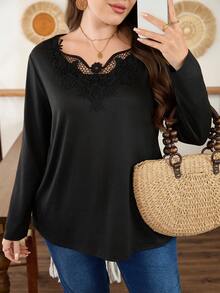 Lacomfia Elegante Camiseta Feminina de Manga Longa Plus Size com Textura de Tricô Casual, Gola de Renda Solta, Primavera/Verão - Preto - Visão 5