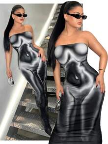 SHEIN SXY Polka Dot Print Fitted Sexy Mid-Length Dress,Carnival,Party,Rave Outfit ,Summer, Spring,Going Out,Y2K, Going Out - Black and White - View 3