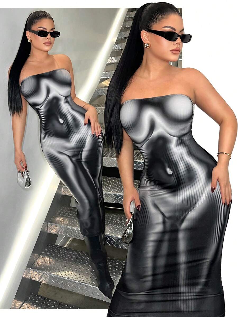 SHEIN SXY Polka Dot Print Fitted Sexy Mid-Length Dress,Carnival,Party,Rave Outfit ,Summer, Spring,Going Out,Y2K, Going Out - Black and White - View 1