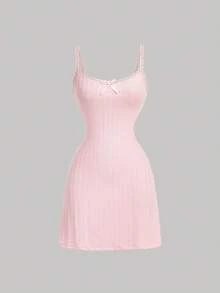 SHEIN MOD 女士迷你碎花蕾丝边针织连衣裙，夏季迷你裙 - 粉色 - 查看 4