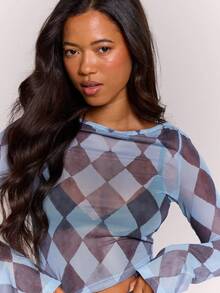 MUSERA Diamond Print Mesh Asymmetric Hem Long Flared Sleeve Top Autumn Winter Cool Streetwear Going Out Casual Everyday New Retro Spring Summer - Baby Blue - View 6