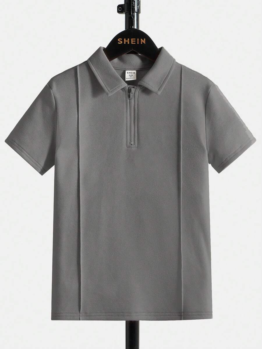 SHEIN Tween Boy 1/4 Zip Polo Shirt, Solid Color Ribbed Casual Lightweight Short Sleeve Polo, Suitable For Daily Wear In Summer - Grey - View 1