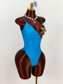 Amplova 女士海星胸罩拼接连体泳衣，性感前卫，适合海滩度假，蓝色纯色连体泳衣 - 藍色 - 查看 7