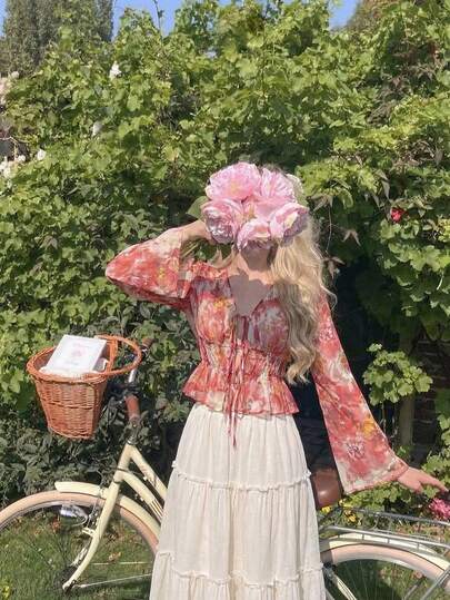 SHEIN MOD Women's Rose Print V-Neck Flare Sleeve Ruffle Hem Blouse, Suitable For Vacation, Music Festival, Bohemian, Holiday, Date, Afternoon Tea, Beach