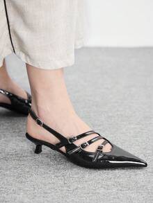 CUCCOO BIZCHIC 女士尖头黑色漆皮多带露后跟细高跟礼服鞋，适合通勤和约会 - 黑色 - 查看 4