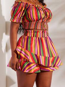 SHEIN SXY Quần short nữ cỡ lớn in họa tiết sọc màu sắc rực rỡ, cạp cao co giãn, viền bèo nhún, thời trang, thanh lịch, gợi cảm, thích hợp cho kỳ nghỉ, ngày Valentine, đám cưới, phong cách vintage, tiệc tùng, dạ hội, đi chơi, xuân hè, thanh lịch cho nữ, phong cách boho ngày lễ, thường ngày cho nữ, phong cách đường phố lễ hội. - Nhiều màu - Xem 7