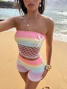Opulessa Pink And Yellow Ombre Hollow-Out Knit Tube Top,Summer Boho Vacation Holiday,Elegant Beach Party Festival Wedding Guest Y2K - Multicolor - View 6