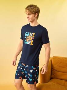 Notgurli Men's Letter & Game Console Print Short Sleeve Top And Shorts Pajama Set - Multicolor - View 5
