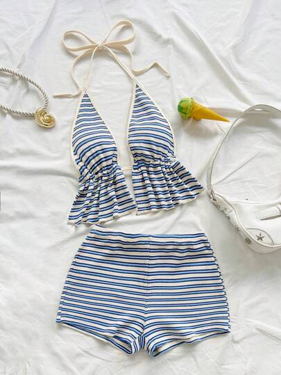Soleia Women's Summer Casual Striped Backless Halter Top And Shorts 2 Pieces Set