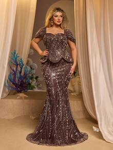 Glamrae Vestido de sirena de dos piezas elegante y romántico de color marrón con hombros descubiertos, adecuado para invitados de boda, ceremonia de graduación, fiesta de cumpleaños, ocasión formal, vestido de noche de lujo (diseño intrincado) - Marrón - Ver 7