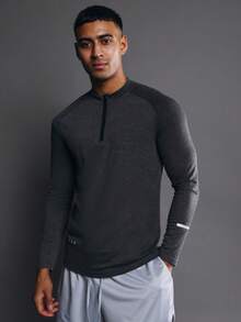 SUMWON Top de performance à demi-zip à manches longues en jersey absorbant l'humidité avec logo sur la poitrine, pour l'entraînement et les séances de sport - Gris - Voir 4