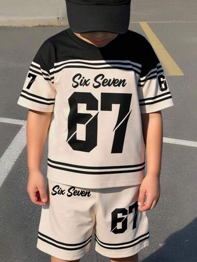 SHEIN Young Boy's Casual Minimalist T-Shirt Set, Suitable For Spring/Summer Sports, Classic Stylish Cool Slogan "6&7", "Six", "Seven" Graphic Print, Classic Color Block Patchwork Print
