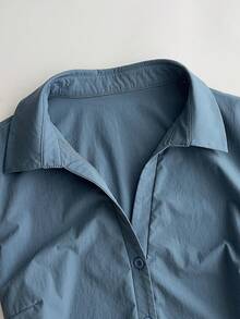 Glimmora Áo cánh tay ngắn xếp ly cổ chữ V màu xanh mới dành cho nữ, mùa hè - Màu xanh lam - Xem 3