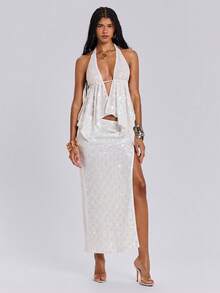 ROMWE Falda con abertura alta, bordada con cuentas y malla, con estilo de sirena de concha, para vacaciones, para mujeres - Beis - Ver 1