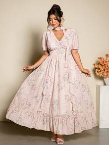 Cravure Plus Size Women's Floral Print Chiffon V-Neck Ruffle Puff Sleeve Maxi Dress Elegant Lady Outdoor Wear Vacation Pink Floral Summer - Pink - View 3