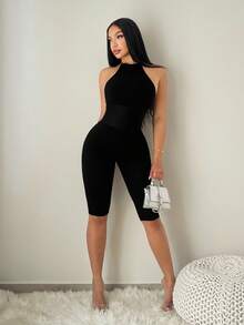 Sirith Seamless Knit Halter Backless Sexy Jumpsuit - Black - View 7