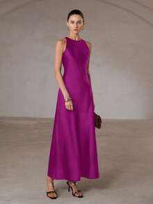 Aveloria Modichic 简约优雅不对称斜裁双面缎面醋酸纤维面料A字无袖连衣裙（女款） - 玫紅色 - 查看 7