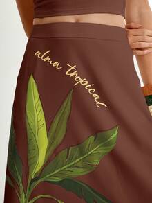 CAJUNI Women's Tropical Print Long Skirt, Casual Summer Holiday, Maxi Skirt - Brown - View 7