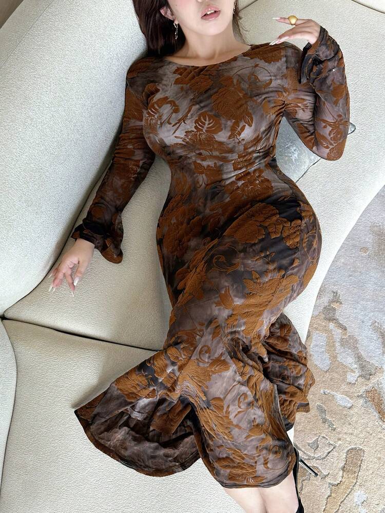 Dazy Plus Plus Size Women Elegant Mermaid Long Sleeve Round Neck Dress Sundress